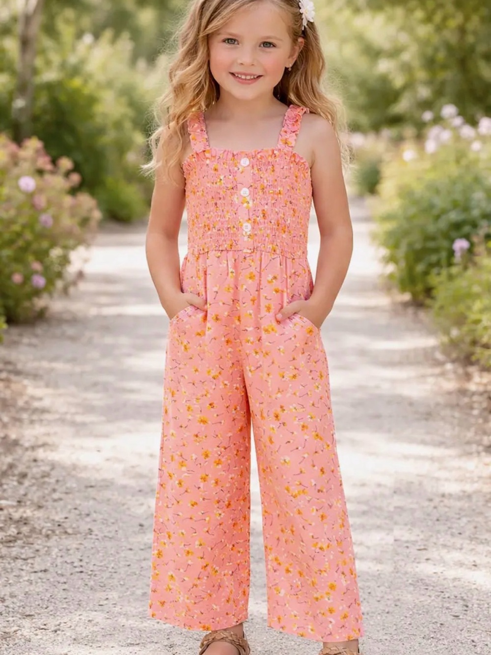 Cutie Patootie Girls Coral/ yellow Floral Smocked Romper with Button & pockets